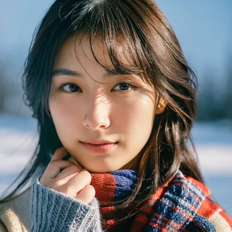 A hyper-realistic image of a single Japanese woman in her early 20s, captured with the nostalgic warmth and subtle graininess of a film camera. She is wearing a stylish, colorful winter coat with a textured surface, paired with a soft, matching scarf that ...