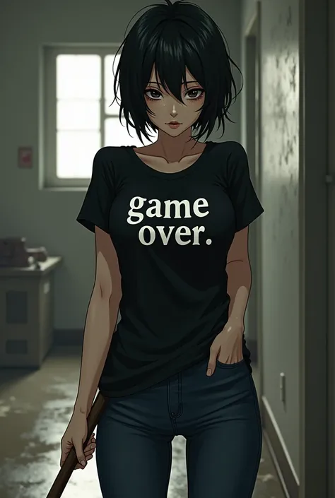 anime,  Beautiful woman,  beautiful body ,  short black hair ,  shiny black eyes, dull face ,  black t-shirt with print "game over", dark blue jeans , Sweeping a galeron, dirty face.