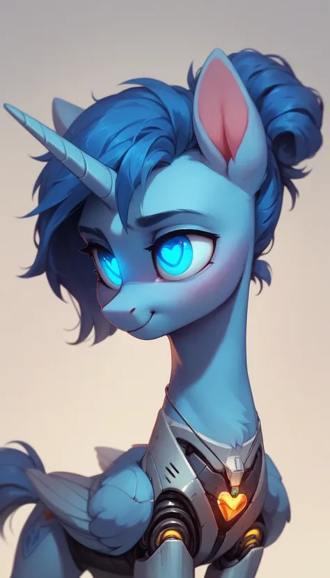 cute pony alicorn from MLP, white fur, blue fur on the back, blue mane and tail, blue eyes, horizontal blue lines on the cheeks, cybernetic glowing eyes, a pendant with a white heart on the neck, blue wing tips, cybernetics, bionics