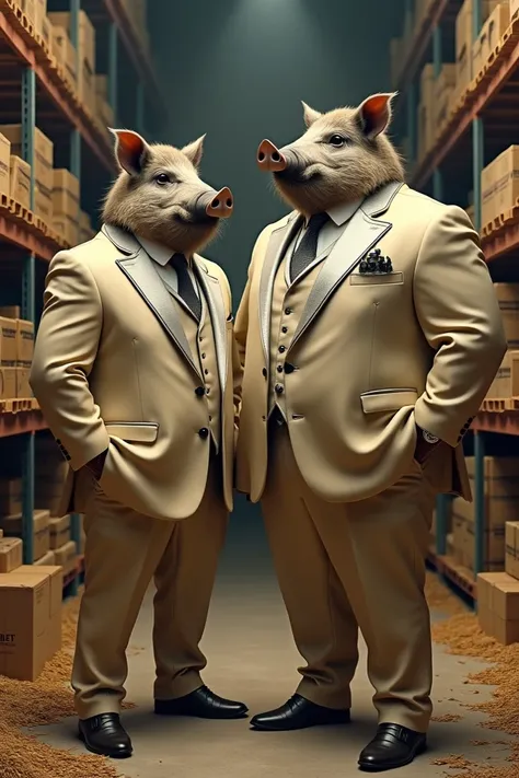 Human-bodied, full-bodied boars in a beige suit with shiny silver details in the background, a warehouse with grains and wines. 