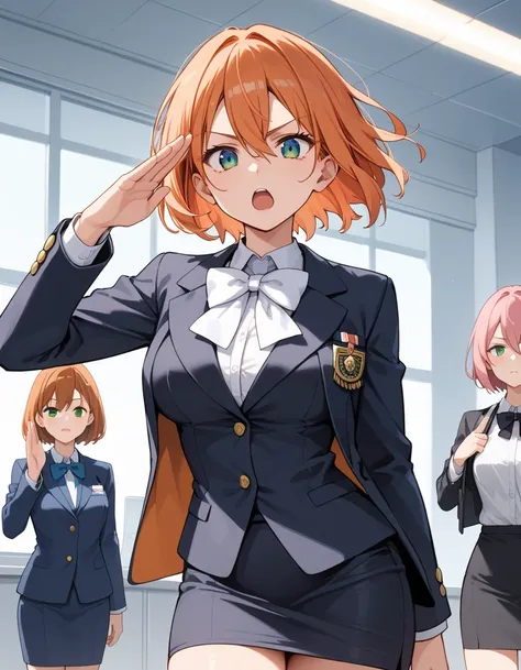 score_9,score_8_up,score_7_up,masterpiece,best quality,source_anime
BREAK 2women,group shot,salute,open mouth,serious
BREAK 20 yo,pink hair,orange hair,short hair,straight hair,[hair between eyes],large breasts,blue eyes,[green eyes]
BREAK [black blazer],[...