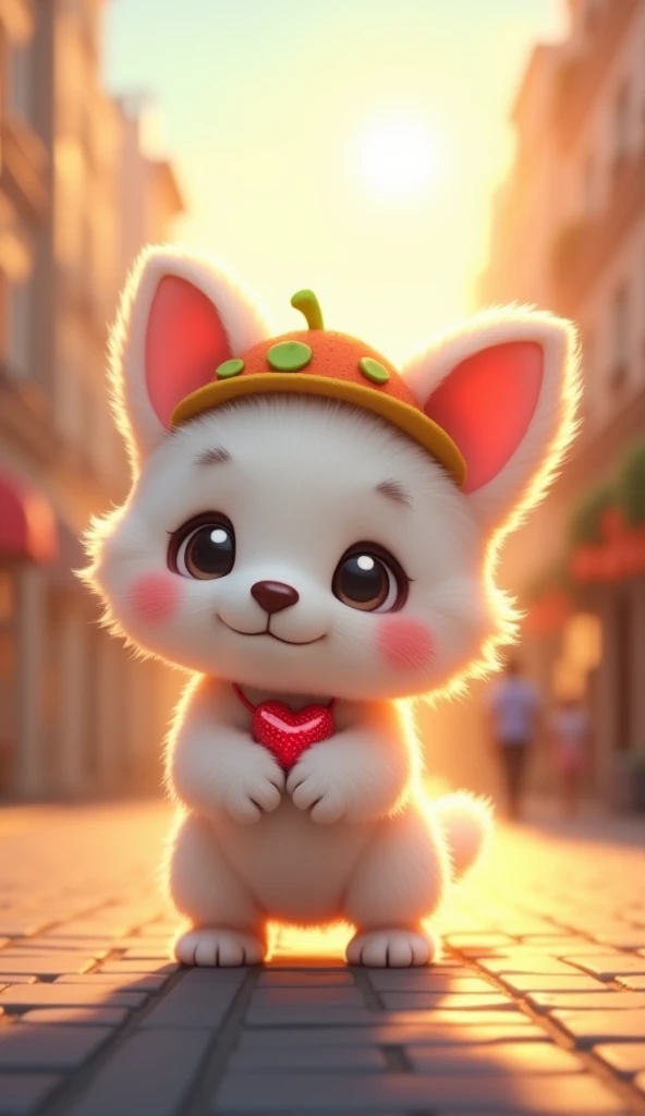  Little cute baby white puppy　Short legs　２Standing on legs 　Wearing a hat with strawberry ears 　 Adorable figure with a red heart on her chest 　In the background、 In the city with warm sunshine 　