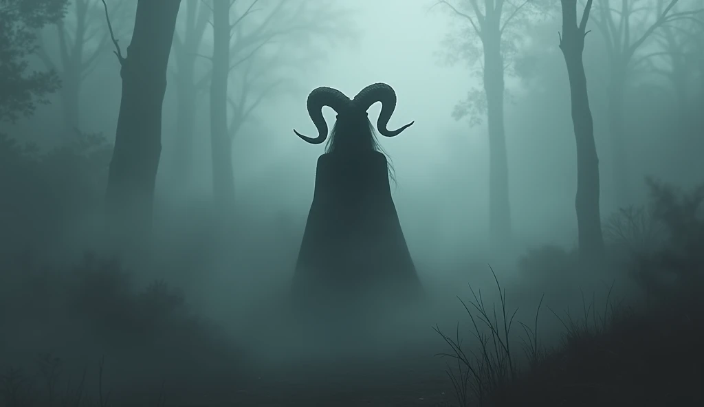 heavy fog , dark environment, Shadow of a horned woman with a ram,  impressionist painting style 