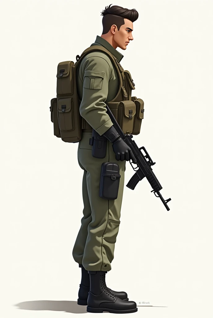  creates an animated version of a countrys special forces personnel,  that is shown in profile pointing a gun or rifle ,  that you can see the whole body , That includes his feet .