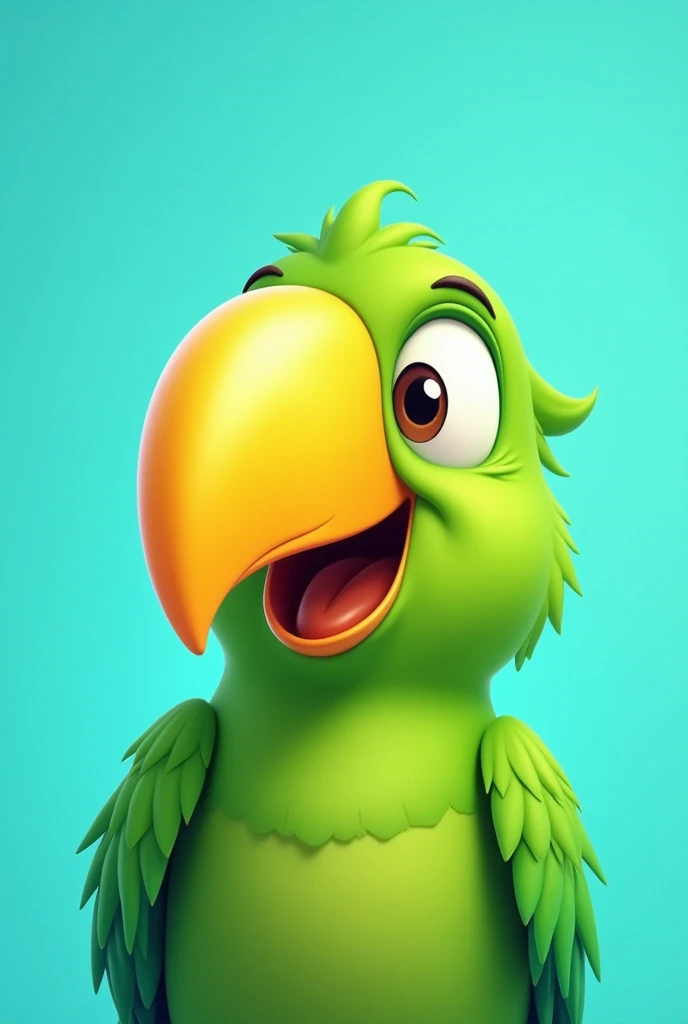 Cartoon style. cheerful green parrot with a gigantic yellow smilling beak. cian blue background.