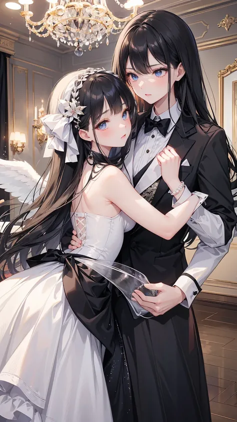 in a ballroom with sparkling chandeliers、 A young girl with long black hair and blue eyes appears.、 invite another girl to dance 。
 Two girls are attracted to each other 。  A girl with long black hair ，Wearing a gorgeous evening dress ，Jewels sparkle 。 
 A...