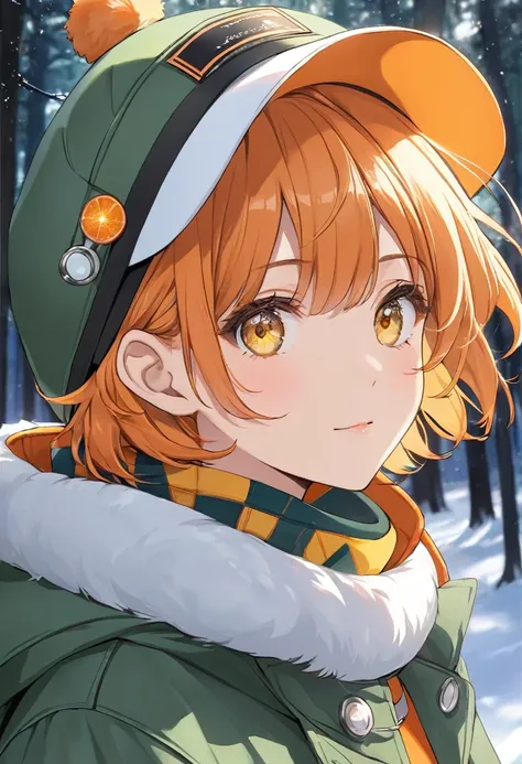  cool adult woman 、 orange short hair and yellow eyes、green winter coat and hat 、Forest Background 、( face close-up )、Astronomical Observation