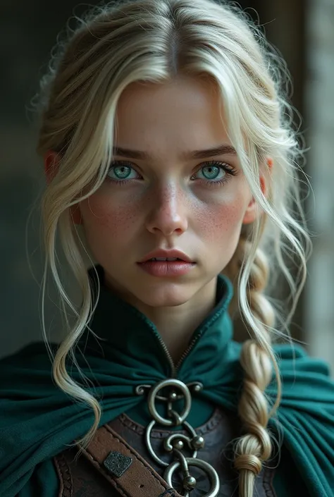  Beautiful 15-year-old girl with ashen blond hair up to her shoulders and wavy ,  cut bob,  well-defined thin jaw and thin straight nose . medieval times,  young warrior girl with a stern look and eyes full of madness . Very light turquoise eyes ,  similar...