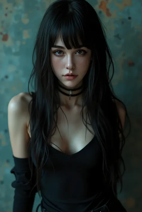 beautiful woman with long straight hair with bangs, wearing emo clothes, beautiful detailed eyes, beautiful detailed lips, extremely detailed face, long eyelashes, dark eye makeup, pale skin, black choker, black nail polish, dark lipstick, tight black top,...