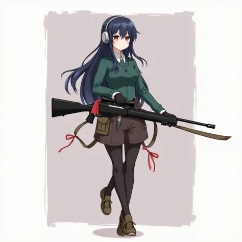 , a teenage girl, , Long dark blue hair, Pink eyes, Put on gray headphones , , a dark green bodice ,  black gloves,  tie a red cloth on the left sleeve , , a dark brown shorts, , Black tights, , a dark brown military shoe, , High heels, , a dark brown pock...