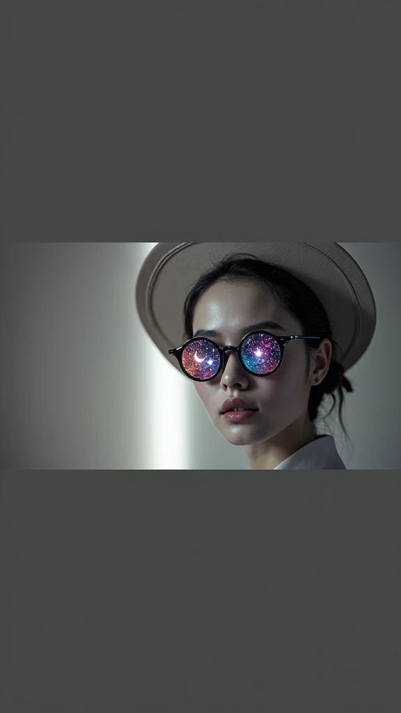 The model is wearing glass sunglasses with stars and the moon on the glass