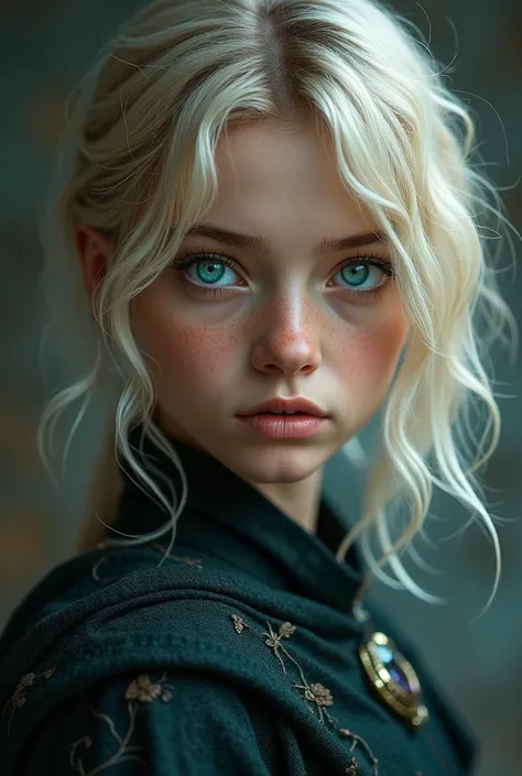  Beautiful 15-year-old girl with ashen blond hair up to her shoulders and wavy ,  cut bob,  well-defined thin jaw and thin straight nose . medieval times,  young warrior girl with a stern look and eyes full of madness . Very light turquoise eyes ,  similar...