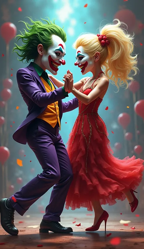 Caricature of Joaquin Phoenix As Joker with Lady Gaga as joker, blonde hair, dance together.