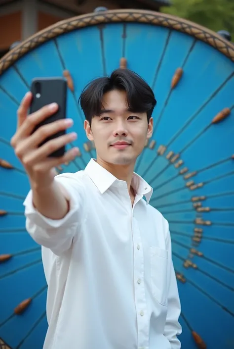 Young handsome Korean medium haired stylish tourist wearing white shirt standing selfie backdrop as rice shell drum with blue slane