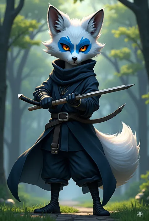 Alopex, arctic fox, furry, blue marks face, tmnt, serious look, orange eyes, girl1, solo, park, black cloak, black shirt, fox tail, black shorts, ninja sickles, holding sickles, anatomy body