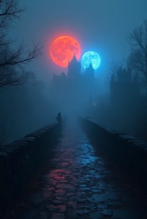 An ancient bridge enveloped in deep fog, with a red moon and a blue moon illuminating the scene, creating a mystical, otherworldly atmosphere. In the background, a majestic old castle can be seen, shrouded in mystery. The overall mood is enchanting and sur...