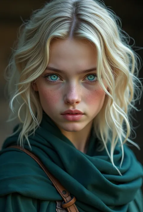  Beautiful 15-year-old girl with ashen blond hair up to her shoulders and wavy ,  cut bob,  well-defined thin jaw and thin straight nose . medieval times,  young warrior girl with a stern look and eyes full of madness . Very light turquoise eyes ,  similar...