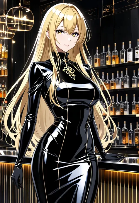 Anime style, woman, big breast, tonned abs, 150 centimetres, long blonde hairs, in so expensive high neck dark long reflective dress, in black translucent gloves, stand near bar