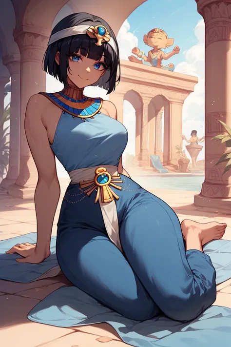 1woman, blue eyes, short black pixie style hair, white headband,Black hair,Anime style,blue big pants,Smiling,blue top happy, sexy ,Curvy body,Egyptian style, golden details, barefoot,Egyptian style, 
