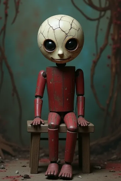 A red wooden puppet with a smirking cracked porcelain mask, large dark eyes, has no nose, sitting on a wood stool, fantasy style