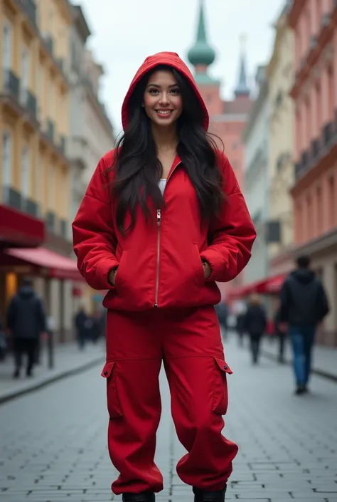 a woman, long black haircut, wear red hodie jacket long trousers clothes boots shoes, he was standing, natural, teeth smile, pose stylish, realistic life, real human indonesia, UHD 8K, detailed photo, perfect face, detailed city, HDR graphics, full body, p...