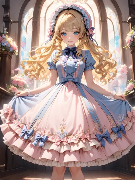 Full body shot 、Blonde hair,sidecurls,curls,blue eyes,long eyelashes,light pink victorian dress,puffy short sleeves,frilled dress,collared dress,frilly wide brimmed Bonnet with bows,Fringe bangs  ,bustshot,masterpiece,highress,soft smile,bishoujo、うさぎのぬいぐるみ...