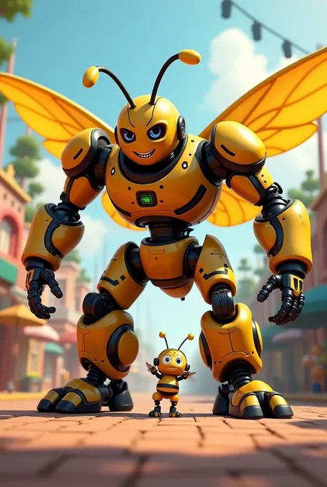 Big yellow-black swapping bee robot, strong, powerful wings, smiling face, dancing squeeze boy