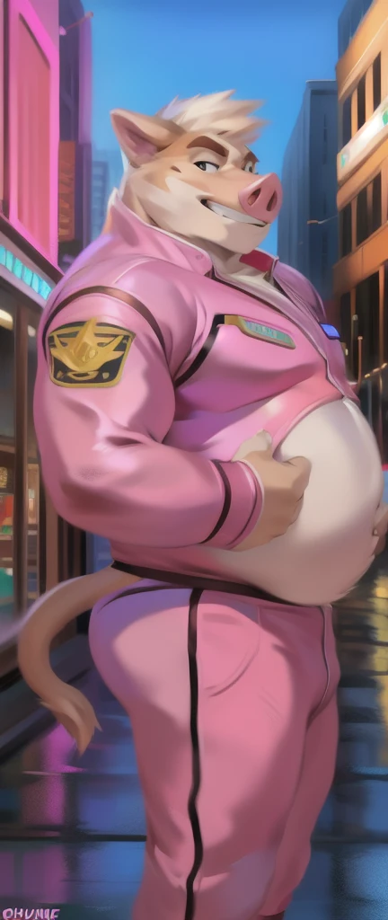 Solo, male, standing, street,Pig ,pink military spacesuit, overweight, big muscular, smirking, by chunie