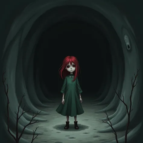 a creepy girl with red hair and black eye sockets is standing in an empty cave