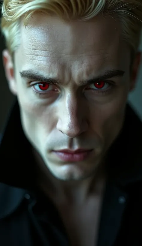 Close-up shot of a pair of blood-red eyes， Photograph the look of a vampire， His pupils turn red ，Flirtatious Laugh 。The vampire man looked down and sneered at the center of the picture， pale skin ， looks like movie star Henry Cavill ， golden eyebrows ， sh...