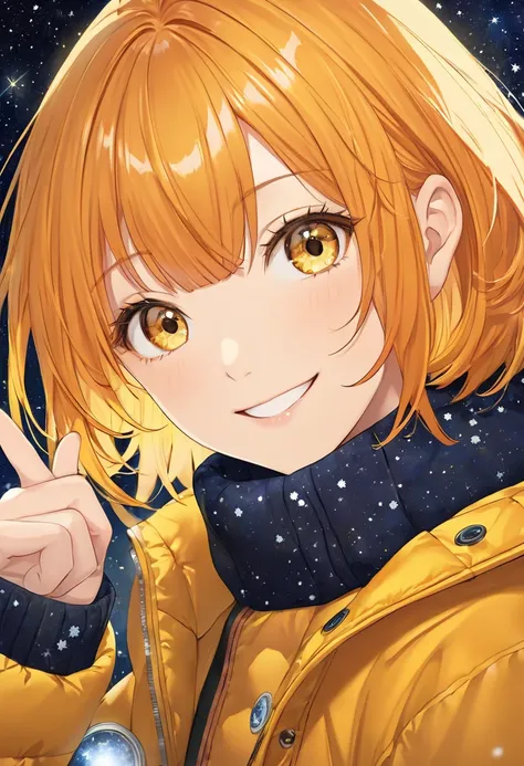  cool adult woman 、 orange short hair and yellow eyes、yellow winter coat 、Forest Background、  Fearless Smile 、( face close-up )、Astronomical Observation、Point your finger at the starry sky