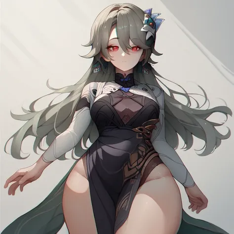 Vita, Vi_Def, long hair, green hair, grey hair, red eyes, hair flower, hair ornament, single earring, 
Vitas Outfit:

china dress, black dress, white sleeves, thick thighs wide hips 