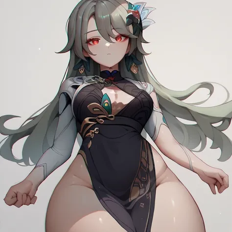 Vita, Vi_Def, long hair, green hair, grey hair, red eyes, hair flower, hair ornament, single earring, 
Vitas Outfit:

china dress, black dress, white sleeves, thick thighs wide hips 