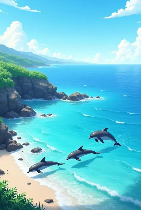  sunny weather, blue sea and 3 dolphins near the shore. 