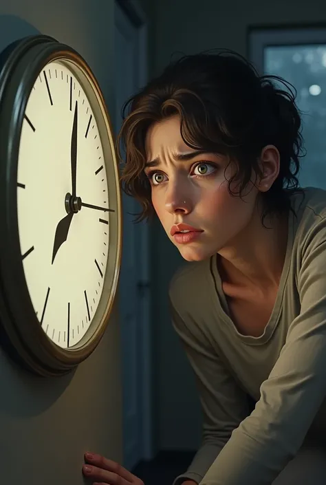 Image of a person looking at the clock, visibly tired and disorganized realistic