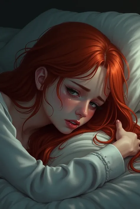 A red hair woman crying while laying down