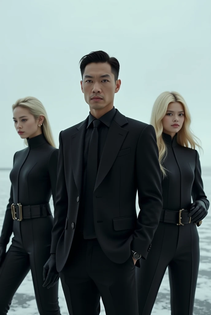 Snow. 1 asian man with 2 Blond-haired women. All in black like the "Men in Black movie"