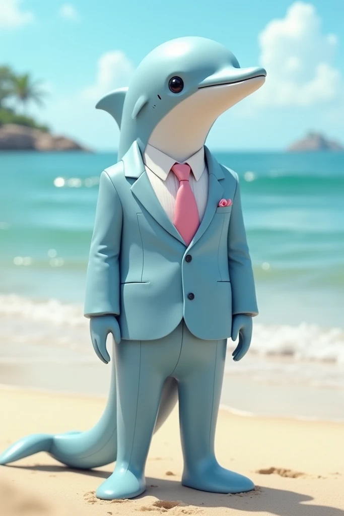 A toninha dolphin with a human body and a full body with a light blue suit and light pink details in the background of a sunny beach