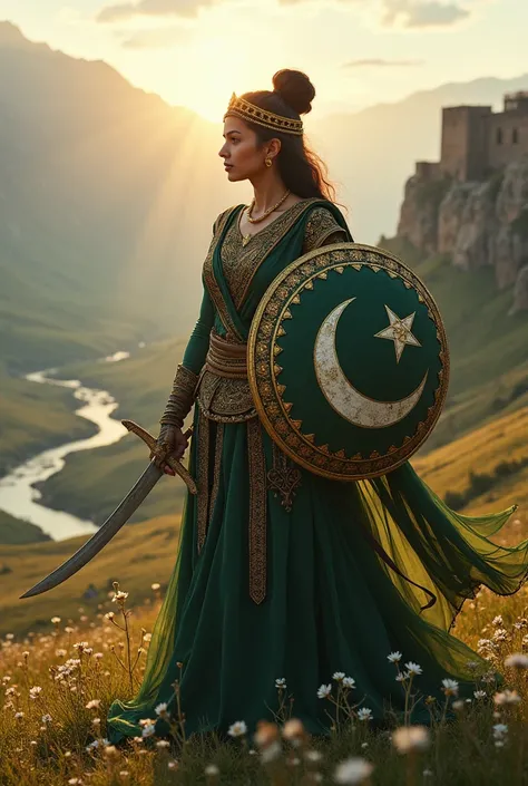 Command: Create an intricate depiction of a "Pakistani Warrior Princess" in a breathtakingly beautiful location that symbolizes Pakistan.

The scene portrays a fierce yet graceful warrior princess, adorned in traditional yet ornate armor inspired by Pakist...