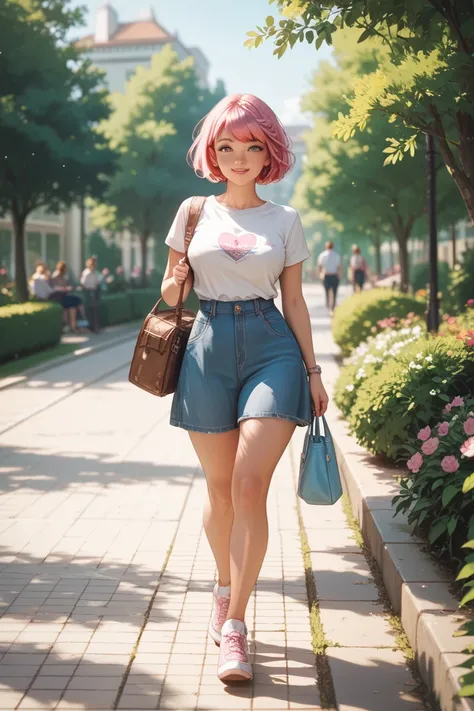 female, cute, short pink hair, curvy, walking in a park