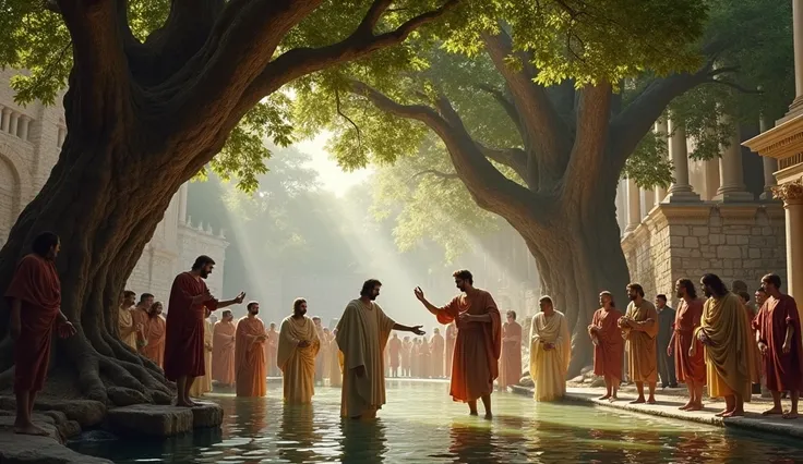  Paul baptizing new converts in Ephesus, under the shade of big trees .