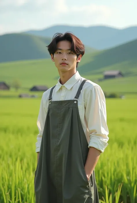 Young handsome Korean medium haired fashionable wearing peasant dress standing selfie against field backdrop