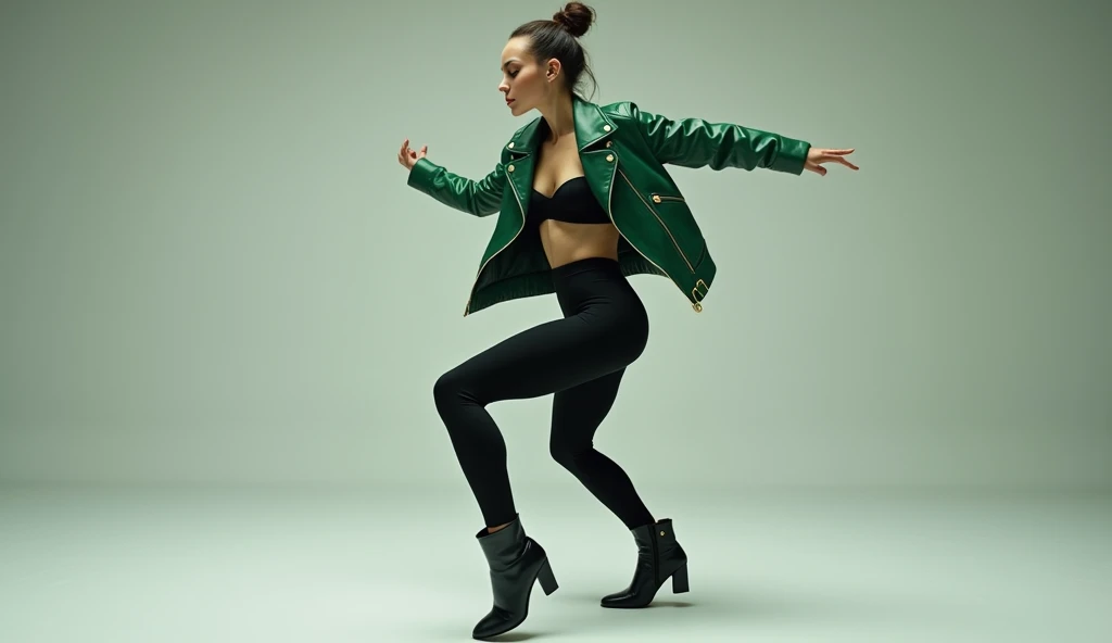 Bold Moves with Attitude – A dancer in a bold green leather jacket, black leggings, and ankle boots performs a powerful, slow-motion dance move, exuding confidence.