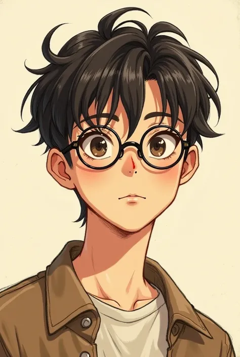 boy, dark brown hair with lenses and thin frame,  with a drawing style with nostalgic aesthetics , indie/warm ,  dont do it so effeminate and make it look as if he had been drawn by hand like pencil to paper,  and the idea is that the drawing isnt as detai...