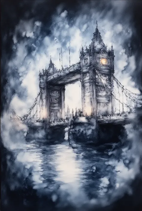 (masterpiece:1.2,Superior Quality,Mirror finish, Cinematic Experience, best illustration:2.0),8k,(Watercolor:2.0),(An old bridge shrouded in fog ),(Foggy London Bridge and Big Ben lights),(night),(England),( dynamic),( Vector Art ),(wash),(wet in wet),(Lay...