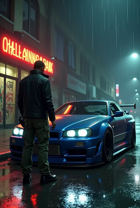 Depict Claude, the silent protagonist from GTA 3, standing near a customized Nissan GT-R R34 Skyline. The car should have a sleek metallic black and blue design with glowing underglow lights, parked in front of the iconic GTA 3 Liberty City bank. The backg...