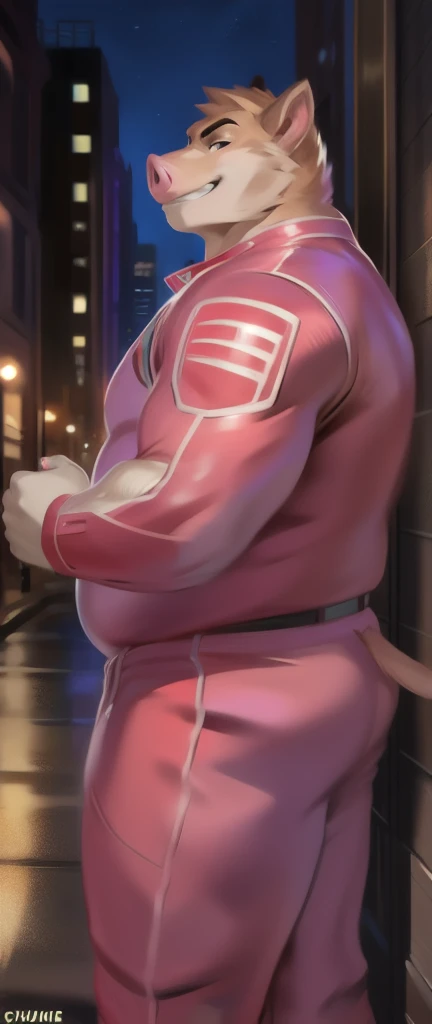 Solo, male, standing, street,Pig ,pink military spacesuit, overweight, big muscular, smirking, by chunie