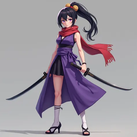  Teenage Girl, Black hair,  Short Ponytail Tie , Purple eyes,  Red Scarf ,  Purple Ninja Dress ,  Purple Sleeveless , Black tight-fitting dress, White socks,  Brown Dumpling , High heels, Holding a Black Double Sword 