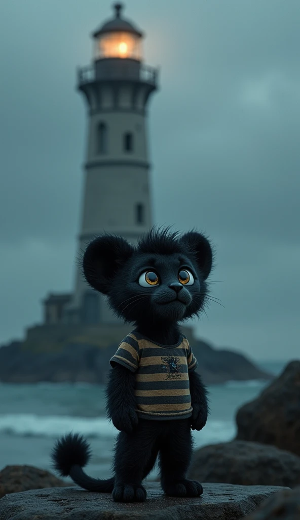 Kittu, a 4-month-old male baby lion, with black human hair fluffy long fur, a tufted tail, wide curious eyes, and a small dark nose, wearing a striped T-shirt with a star logo and black pant , stands at the base of a towering, decrepit lighthouse. The ligh...