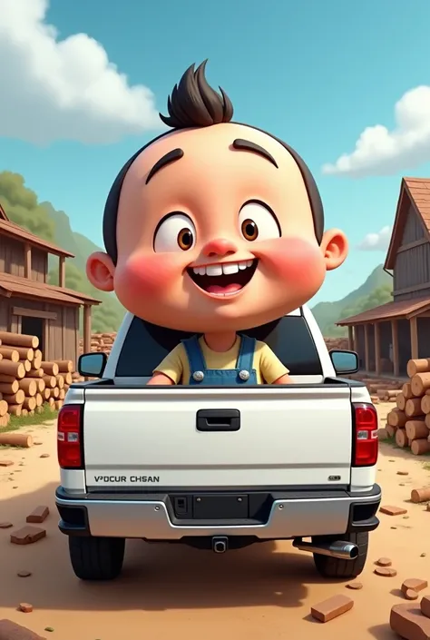 Cartoon of a big head in his modern white pick up with a sawmill in the background 